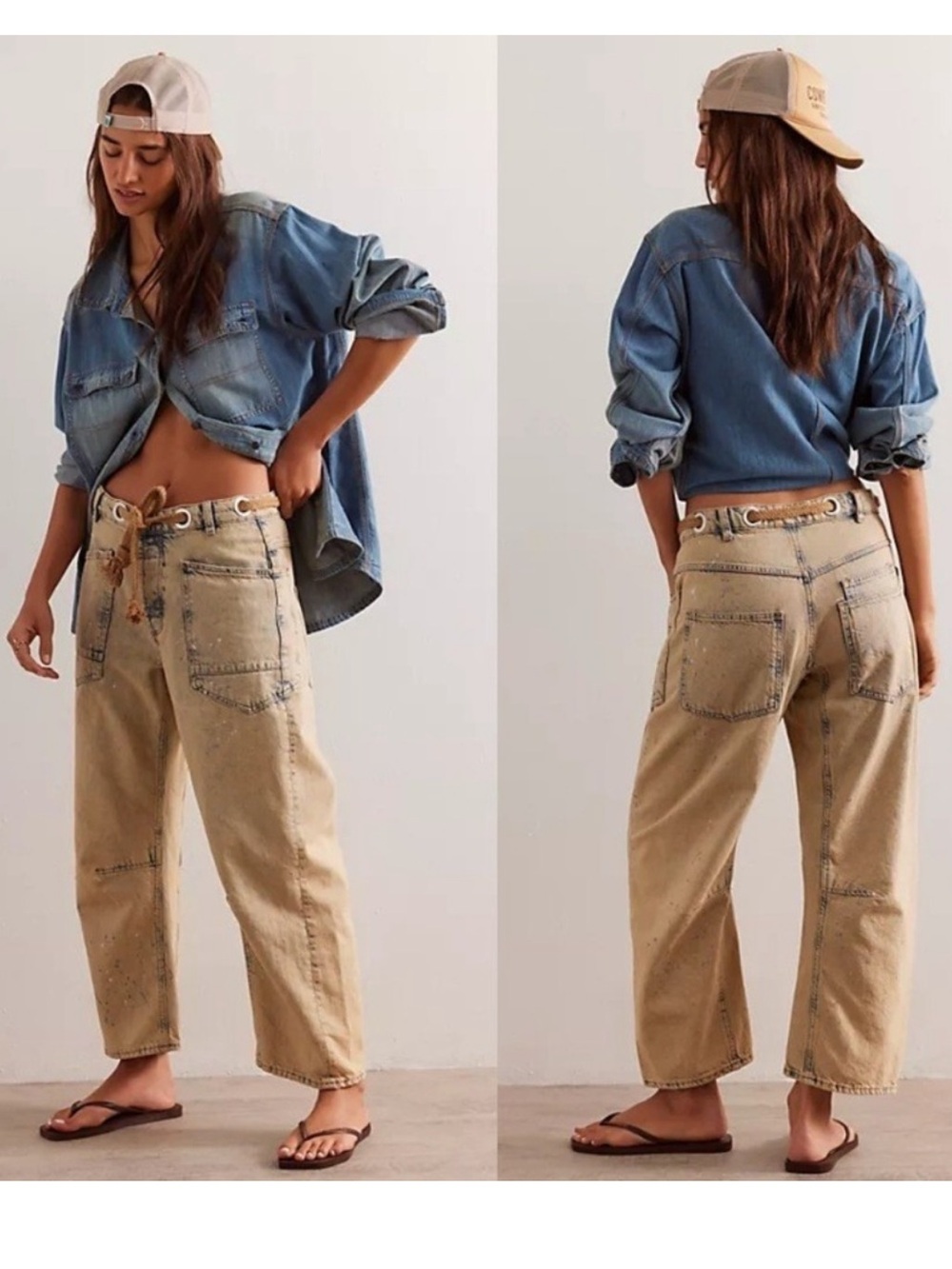 We The Free Moxie Pull-On Barrel Jeans in Cowboy Khaki Paint Splatter Sz 28 NWT